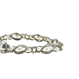 Nouveau Twist Vintage Japanese Saltwater Akoya Cultured Pearl Engraved Link Bracelet- Sterling Silver