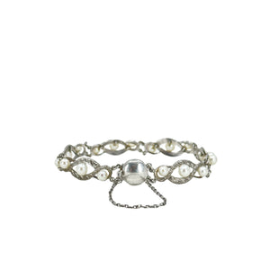 Nouveau Twist Vintage Japanese Saltwater Akoya Cultured Pearl Engraved Link Bracelet- Sterling Silver
