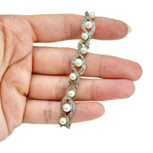 Nouveau Twist Vintage Japanese Saltwater Akoya Cultured Pearl Engraved Link Bracelet- Sterling Silver