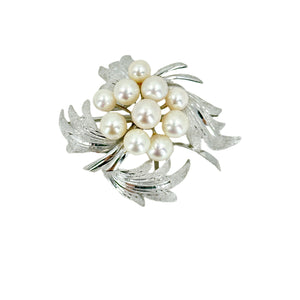 Vintage Cluster Leaf Japanese Saltwater Akoya Cultured Pearl Brooch- Sterling Silver