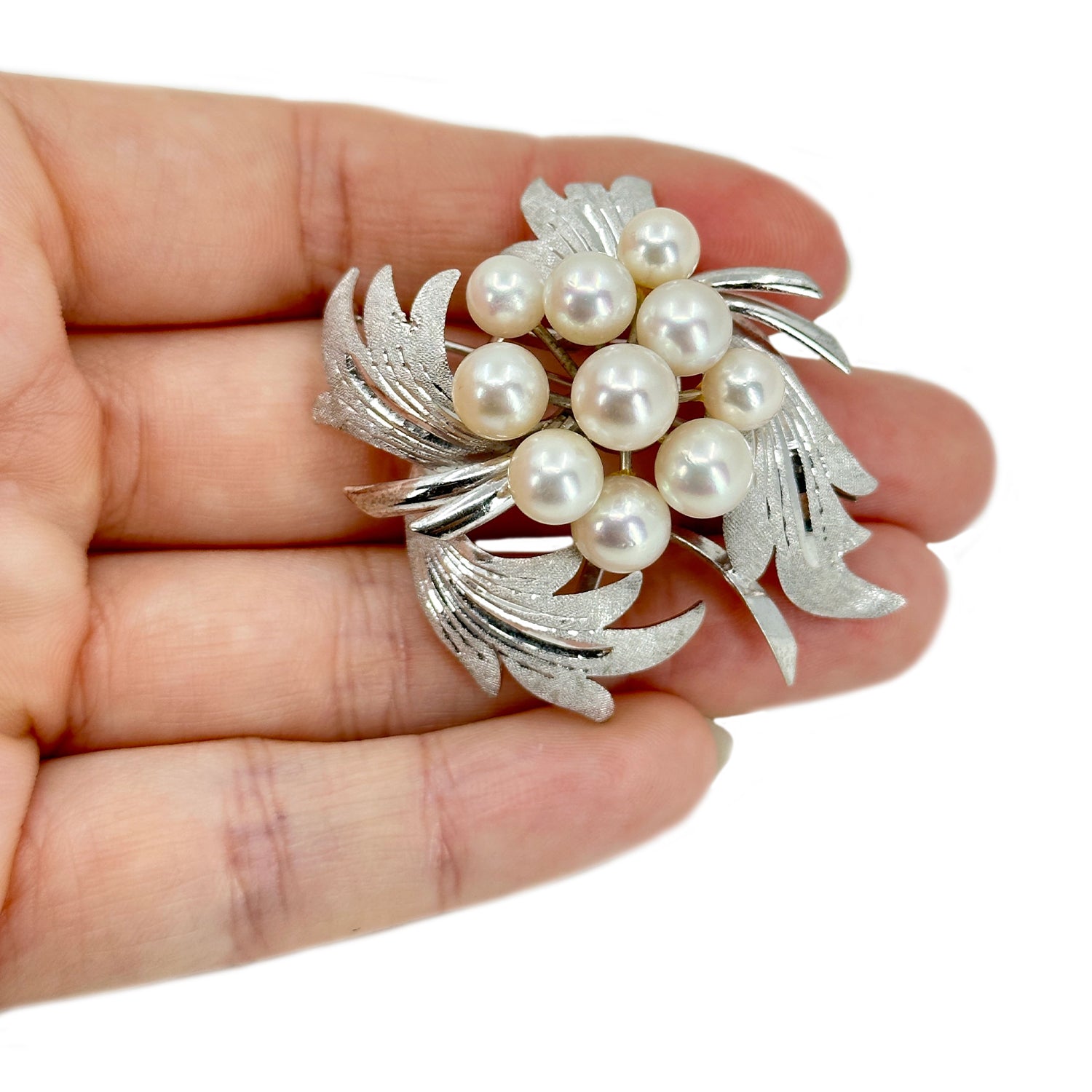Vintage Cluster Leaf Japanese Saltwater Akoya Cultured Pearl Brooch- Sterling Silver
