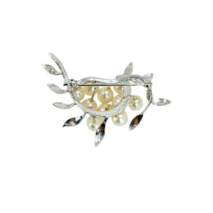 Floral Leaf Vintage Cluster Japanese Saltwater Akoya Cultured Pearl Brooch- Sterling Silver