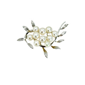 Floral Leaf Vintage Cluster Japanese Saltwater Akoya Cultured Pearl Brooch- Sterling Silver