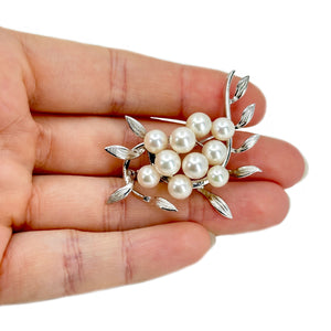 Floral Leaf Vintage Cluster Japanese Saltwater Akoya Cultured Pearl Brooch- Sterling Silver
