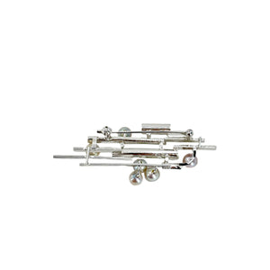Bamboo Bar Modernist Blue Japanese Saltwater Akoya Cultured Pearl Vintage Brooch- Sterling Silver
