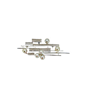 Bamboo Bar Modernist Blue Japanese Saltwater Akoya Cultured Pearl Vintage Brooch- Sterling Silver