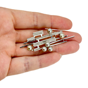 Bamboo Bar Modernist Blue Japanese Saltwater Akoya Cultured Pearl Vintage Brooch- Sterling Silver