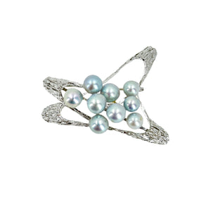 Atomic Age Retro Blue Japanese Saltwater Akoya Cultured Pearl Vintage Brooch- Sterling Silver