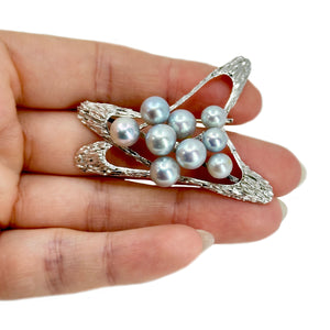 Atomic Age Retro Blue Japanese Saltwater Akoya Cultured Pearl Vintage Brooch- Sterling Silver