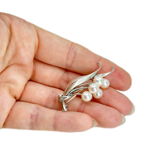 Vintage Mikimoto Leaf Cluster Japanese Cultured Saltwater Akoya Pearl Brooch- Sterling Silver