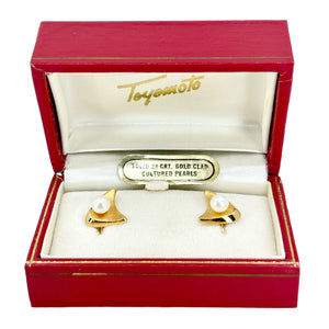 Toyomoto Designer Mid-Century Akoya Saltwater Cultured Pearl Screwback Vintage Earrings Original Box- Sterling Silver 24K Yellow Gold Plate