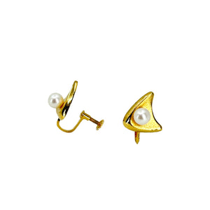 Toyomoto Designer Mid-Century Akoya Saltwater Cultured Pearl Screwback Vintage Earrings Original Box- Sterling Silver 24K Yellow Gold Plate