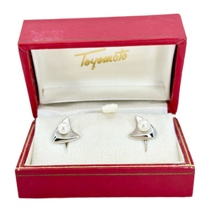 Designer Toyomoto Mid-Century Akoya Saltwater Cultured Pearl Screwback Vintage Earrings Original Box- Sterling Silver 