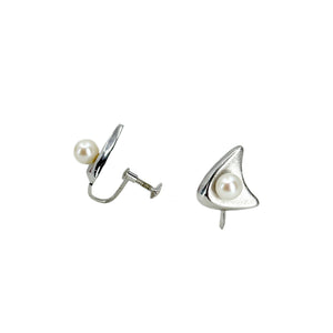 Designer Toyomoto Mid-Century Akoya Saltwater Cultured Pearl Screwback Vintage Earrings Original Box- Sterling Silver 