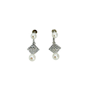 Square Designer Toyomoto Mid-Century Akoya Saltwater Cultured Pearl Screwback Vintage Drop Earrings Original Box- Sterling Silver