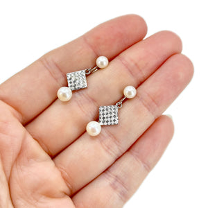 Square Designer Toyomoto Mid-Century Akoya Saltwater Cultured Pearl Screwback Vintage Drop Earrings Original Box- Sterling Silver