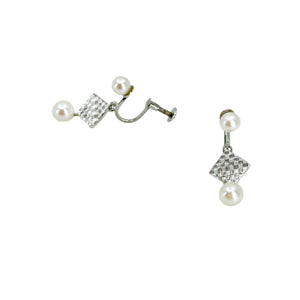 Square Designer Toyomoto Mid-Century Akoya Saltwater Cultured Pearl Screwback Vintage Drop Earrings Original Box- Sterling Silver
