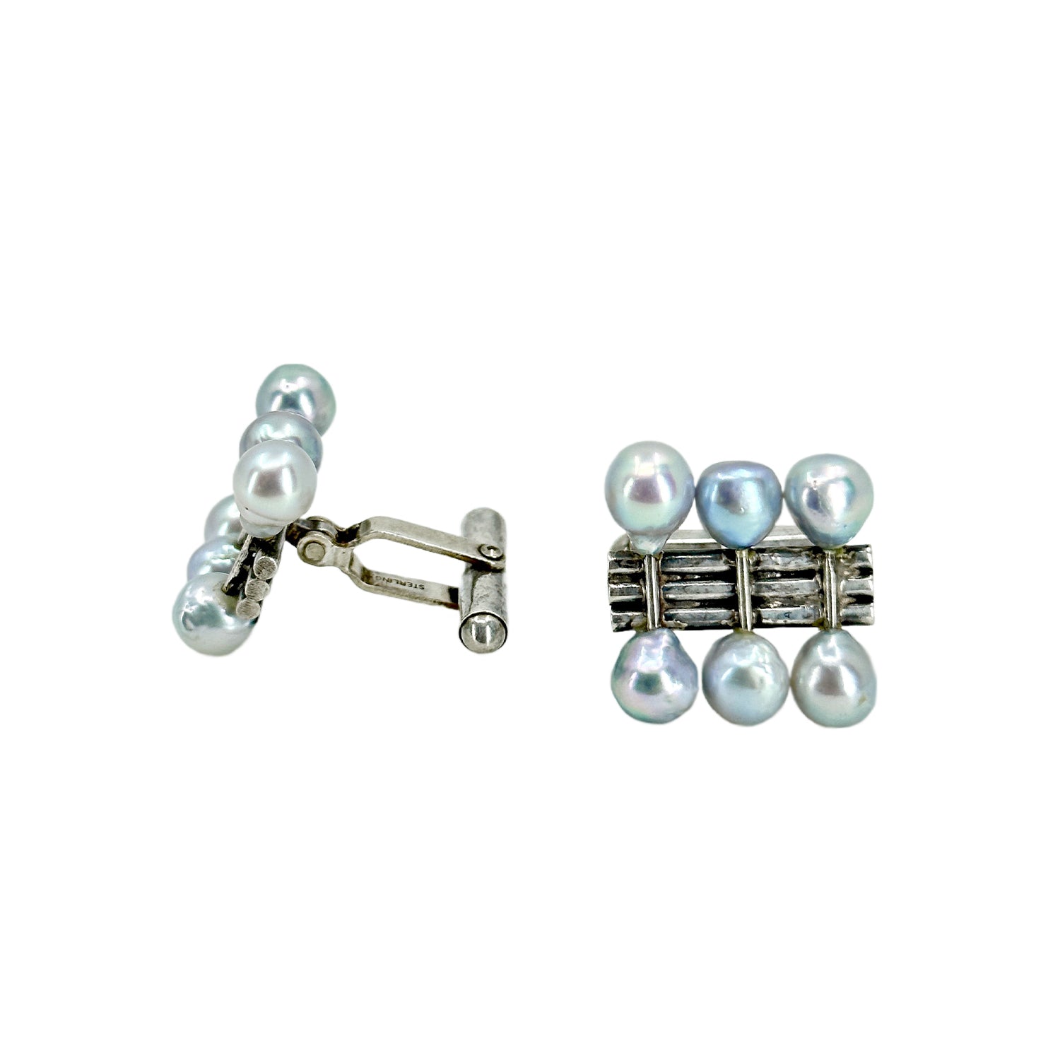 Baroque Blue Abstract Bar Akoya Saltwater Cultured Pearl Vintage Mens Cufflinks- Sterling Silver