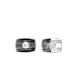 Mid Century Brushed Retro Modern Japanese Akoya Saltwater Pearl Cufflinks- Sterling Silver
