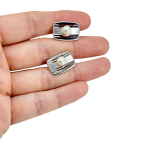 Mid Century Brushed Retro Modern Japanese Akoya Saltwater Pearl Cufflinks- Sterling Silver