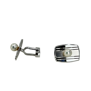 Mid Century Brushed Retro Modern Japanese Akoya Saltwater Pearl Cufflinks- Sterling Silver