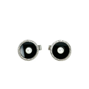 Engraved Black Onyx Round Japanese Saltwater Akoya Cultured Pearl Mens Cufflinks- Sterling Silver