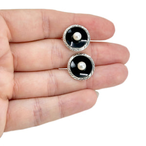 Engraved Black Onyx Round Japanese Saltwater Akoya Cultured Pearl Mens Cufflinks- Sterling Silver