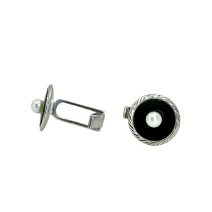 Engraved Black Onyx Round Japanese Saltwater Akoya Cultured Pearl Mens Cufflinks- Sterling Silver