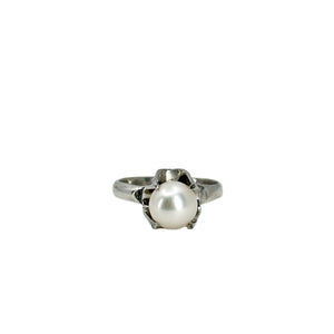 Gothic Solitaire Japanese Saltwater Akoya Cultured Pearl Buttercup Ring- Sterling Silver Sz 5