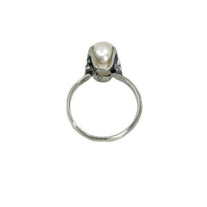 Gothic Solitaire Japanese Saltwater Akoya Cultured Pearl Buttercup Ring- Sterling Silver Sz 5