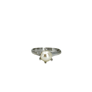 Solitaire Six Prong Japanese Saltwater Akoya Cultured Pearl Ring- Sterling Silver Sz 5.50