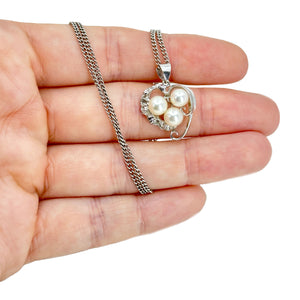 Three Pearl Cluster Vintage Japanese Cultured Akoya Modernist Pendant Necklace- Sterling Silver 17 Inch