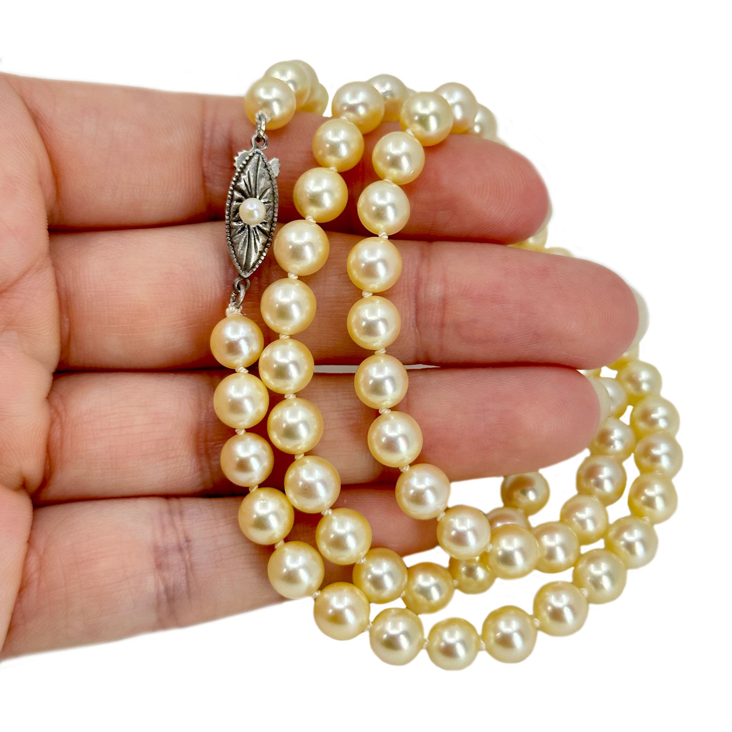Golden Cream Vintage Japanese Saltwater Cultured Akoya Pearl Vintage Necklace - Sterling Silver 23 Inch