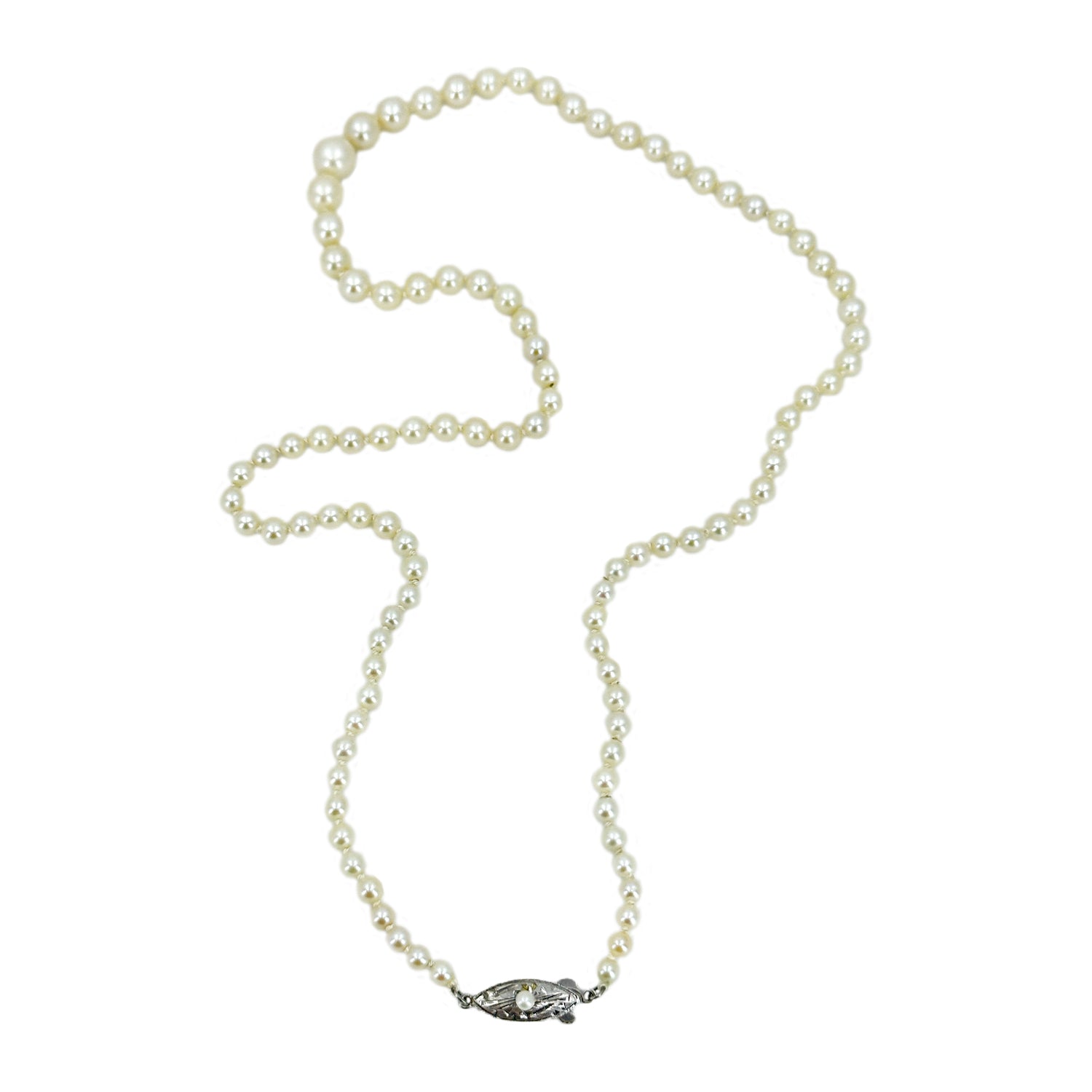 Quality Art Deco Graduated Japanese Saltwater Cultured Akoya Pearl Vintage Necklace - Sterling Silver 20.25 Inch