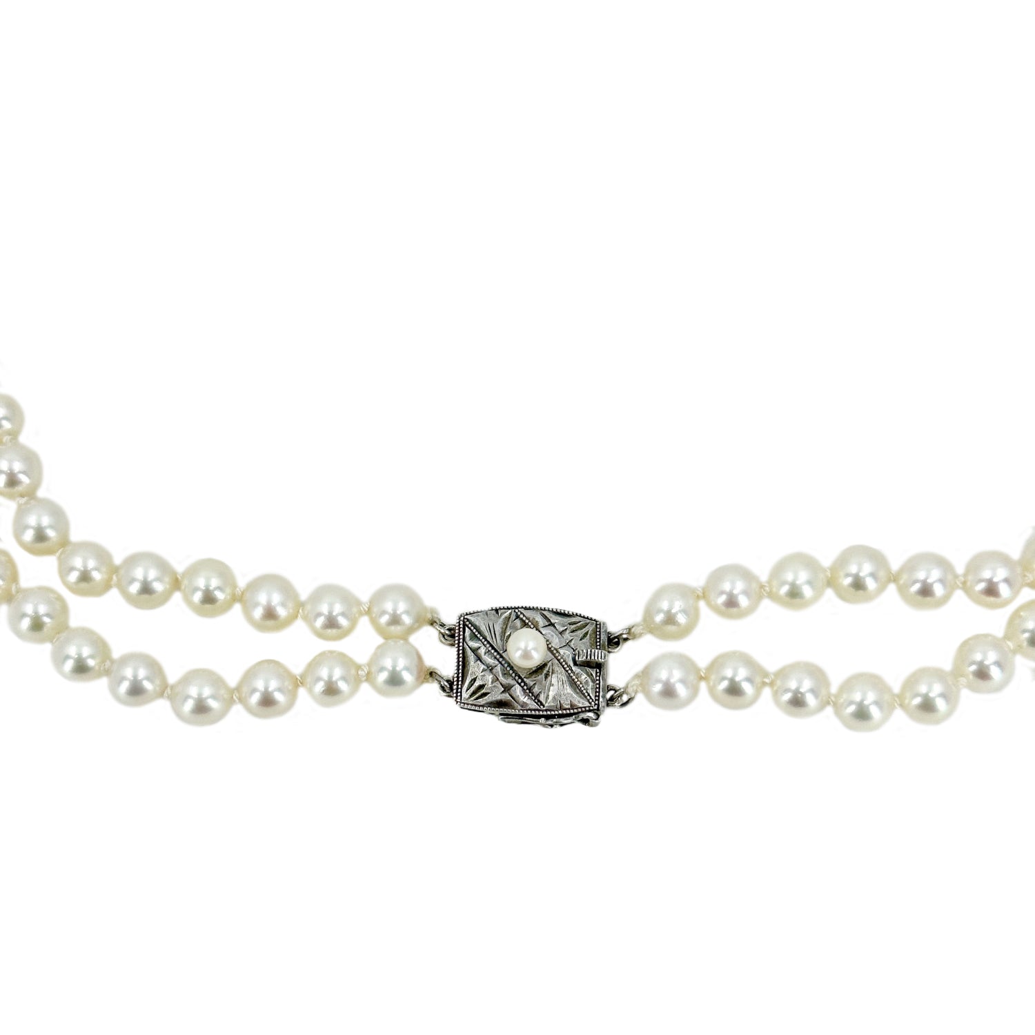 Art Deco Engraved Double Strand Japanese Cultured Akoya Pearl Choker Necklace -Sterling Silver 15.75 & 16.75 Inch