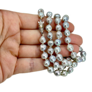 Baroque Silver Blue Vintage Mid Century Japanese Saltwater Cultured Akoya Pearl Necklace - Silver 27.50 Inch