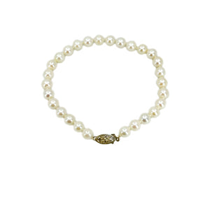 Floral Mid-Century Vintage Japanese Saltwater Akoya Cultured Pearl Bracelet- 14K Yellow Gold