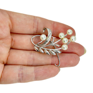 Handmade Vintage Japanese Saltwater Akoya Cultured Pearl Leaf Brooch- White Gold