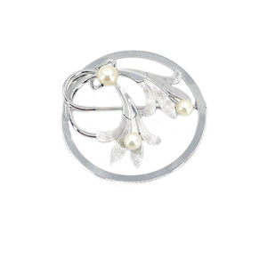 Van Dell Lily Circle Japanese Saltwater Cultured Akoya Pearl Vintage Leaf Brooch- Sterling Silver