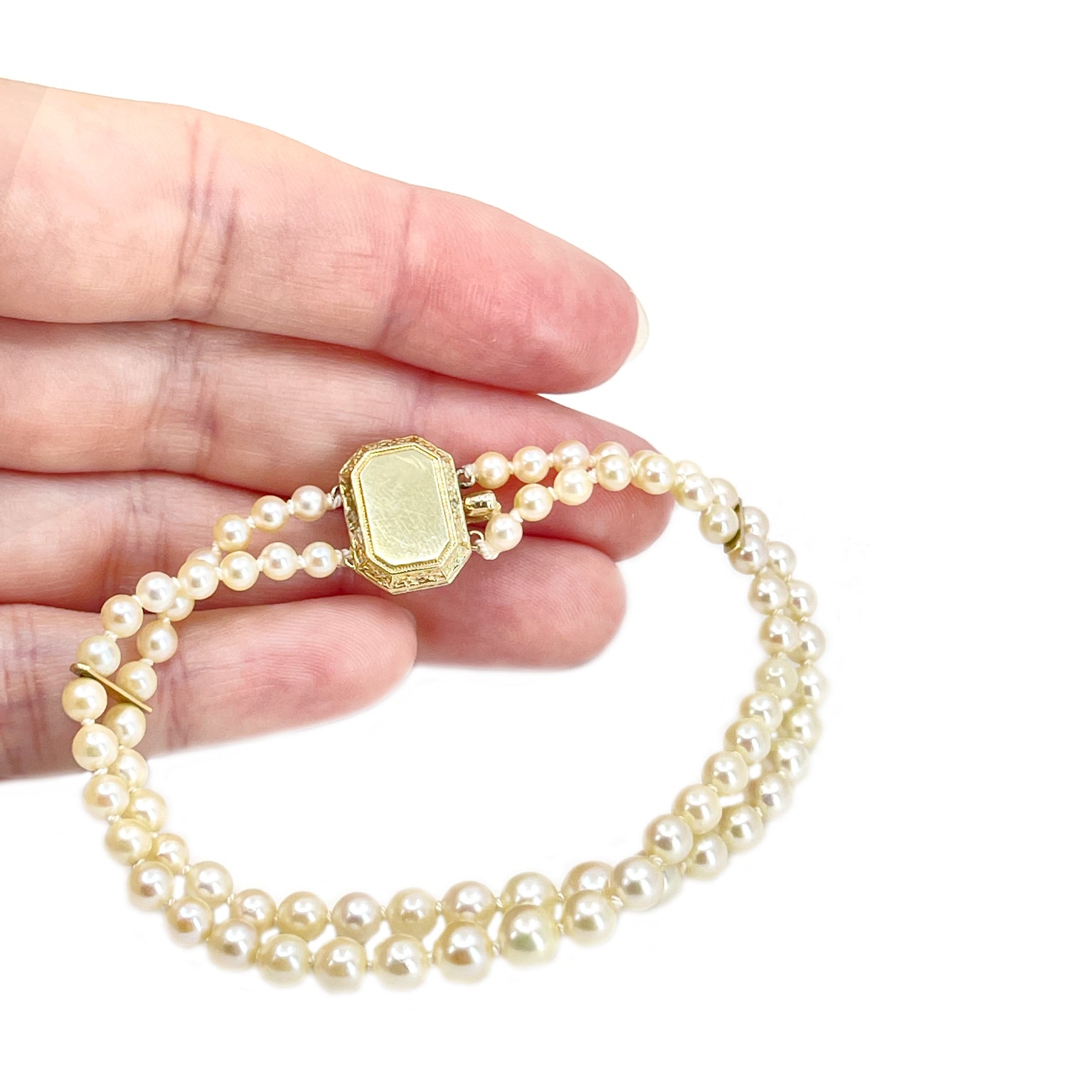 Victorian Double Strand Antique Akoya Saltwater Cultured Pearl Bracelet- 14K Yellow Gold