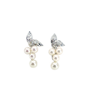 Vine Floral Dangle Akoya Saltwater Cultured Pearl Screwback Earrings- Sterling Silver