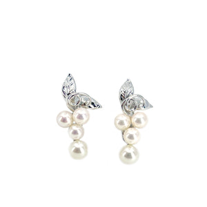 Vine Floral Dangle Akoya Saltwater Cultured Pearl Screwback Earrings- Sterling Silver