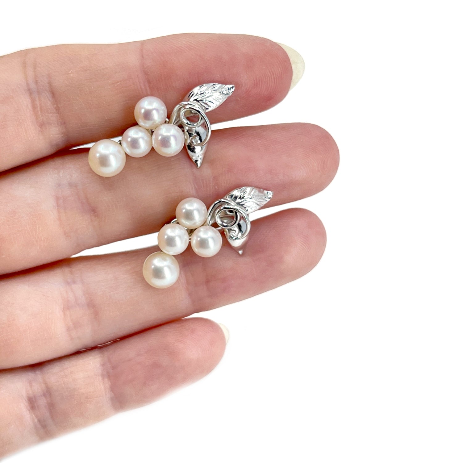 Vine Floral Dangle Akoya Saltwater Cultured Pearl Screwback Earrings- Sterling Silver