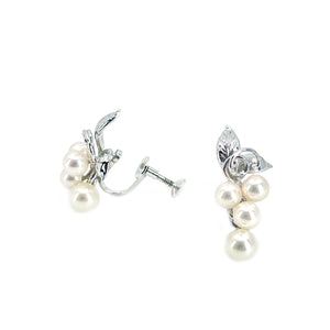 Vine Floral Dangle Akoya Saltwater Cultured Pearl Screwback Earrings- Sterling Silver