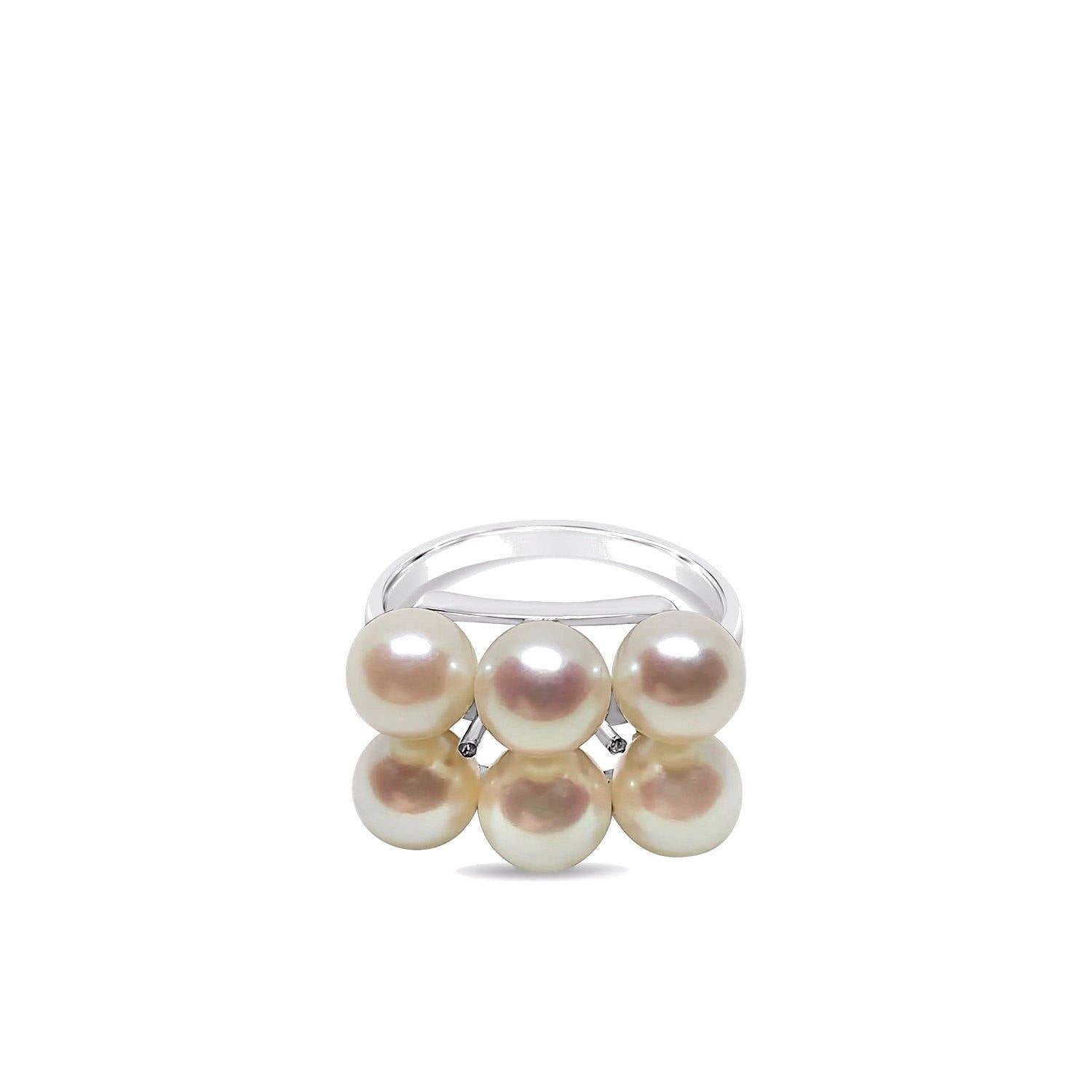 Double Row Japanese Saltwater Akoya Cultured Pearl Ring- Sterling Silver 