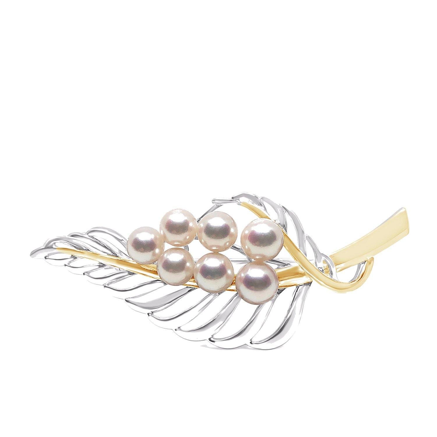 Floral Japanese Saltwater Akoya Pearl Brooch- 18K Yellow Gold Sterling Silver