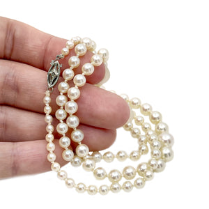 Art Deco Rough Diamond Graduated Japanese Saltwater Cultured Akoya Pearl Strand - 14K White Gold 20.75 Inch
