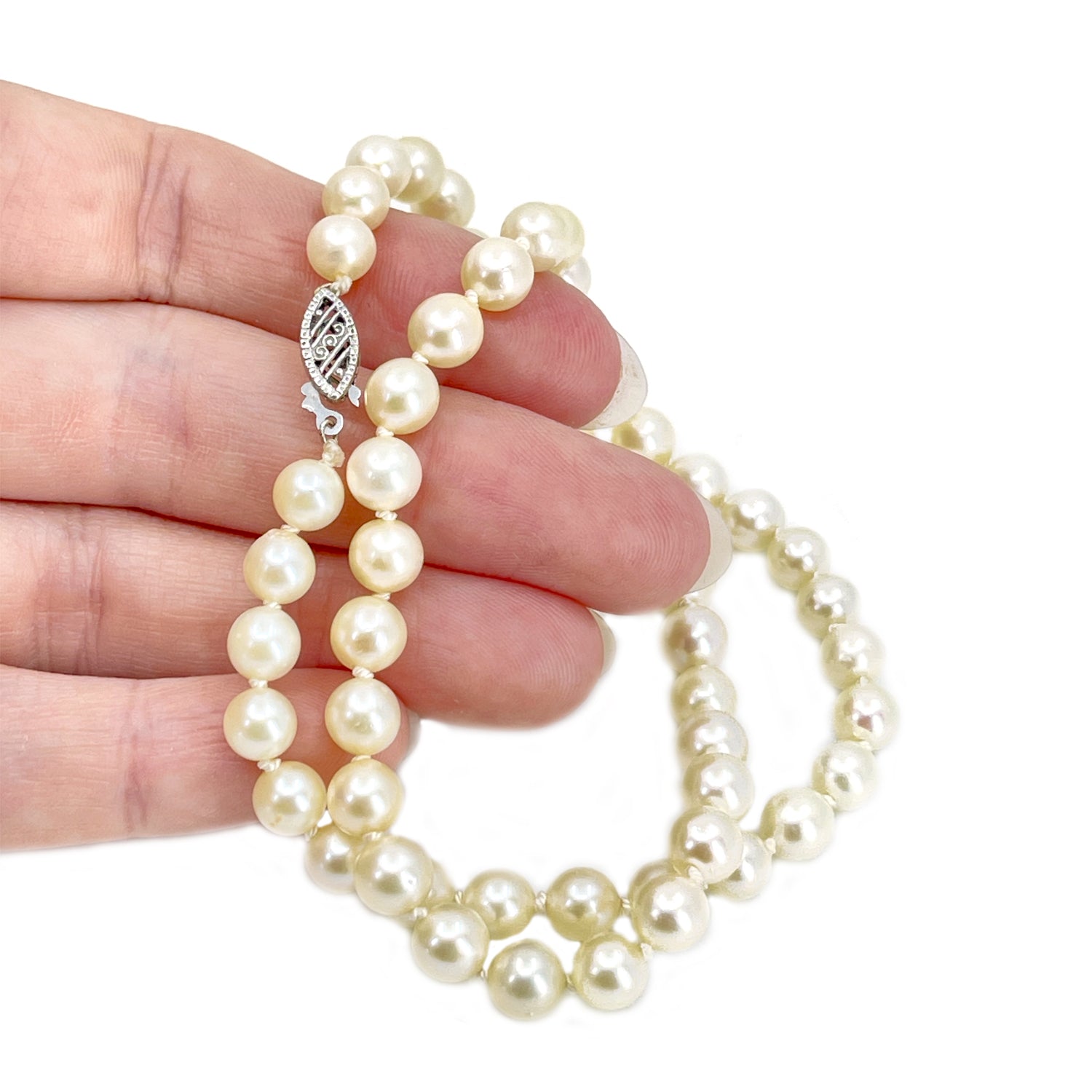 Filigree Choker Vintage Japanese Saltwater Cultured Akoya Pearl Necklace - 10K White Gold 15.50 Inch