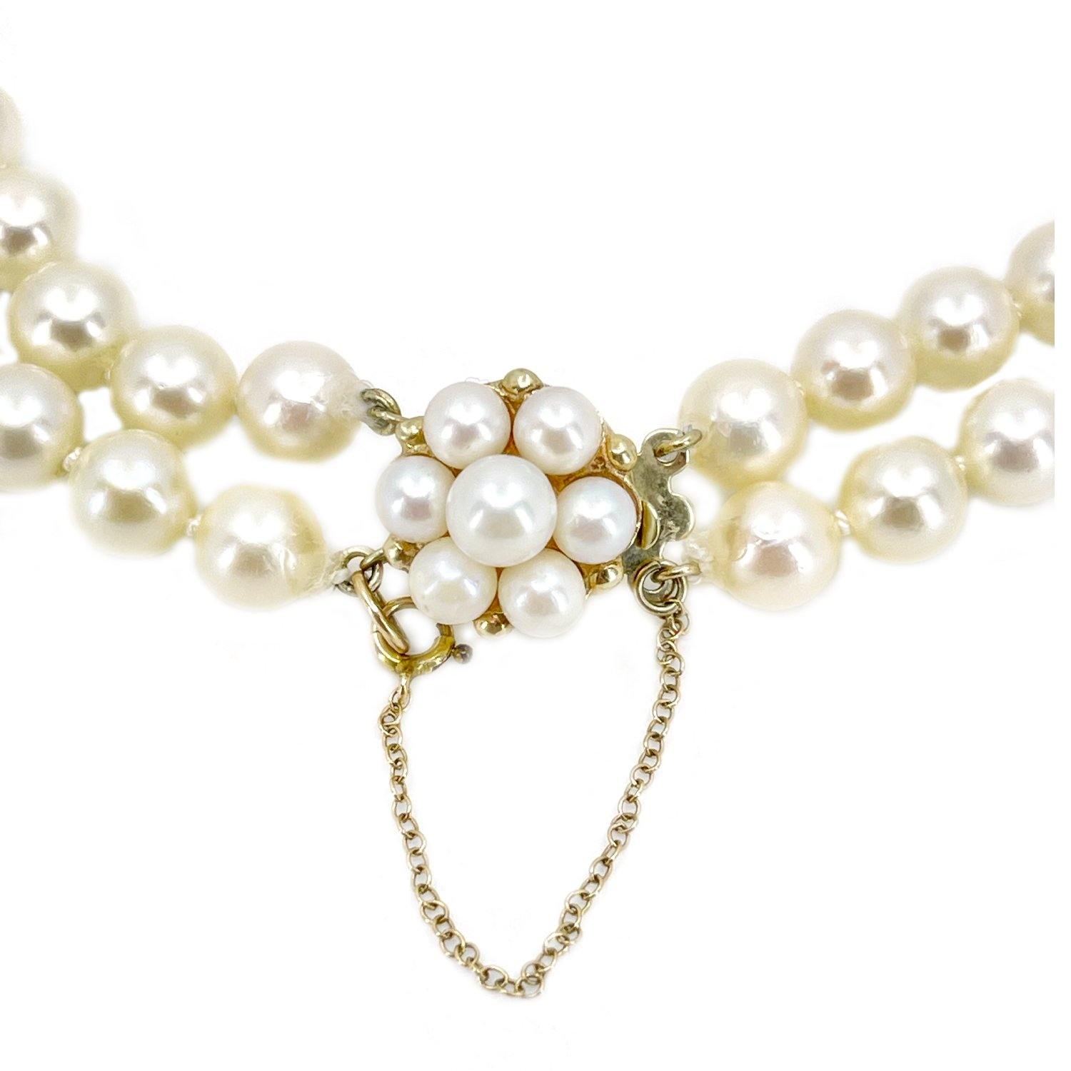Double Strand Choker Halo Japanese Saltwater Cultured Akoya Pearl Necklace - 14K Yellow Gold 13.50 & 14.50 Inch