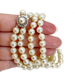 Double Strand Choker Filigree Japanese Saltwater Cultured Akoya Pearl Necklace - 14K White Gold 15 & 15.25 Inch